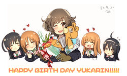  5girls ^_^ ahoge akiyama_yukari black_hair blush boko_(girls_und_panzer) bouquet brown_hair closed_eyes commentary_request dated flower gift girls_und_panzer gloves happy_birthday heart isuzu_hana long_hair messy_hair military military_uniform multiple_girls nishizumi_miho ooarai_military_uniform reizei_mako short_hair smile stuffed_animal stuffed_toy takebe_saori teddy_bear uniform white_background yukiyanagi_raki 