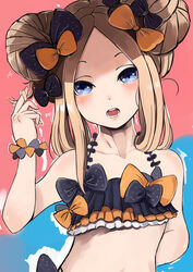  abigail_williams_(emerald_float)_(fate) abigail_williams_(fate) absurdres arm_behind_back bare_shoulders bikini black_bikini black_bow blonde_hair blue_eyes blush bow collarbone commentary fat123 fate/grand_order fate_(series) female forehead hair_bun hairbow hand_up head_tilt highres long_hair official_alternate_costume open_mouth orange_bow parted_bangs polka_dot polka_dot_bow single_hair_bun solo swimsuit twirling_hair 