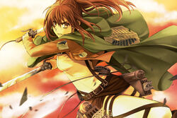  brown_eyes brown_hair cape dual_wielding emblem female green_cape holding holding_sword holding_weapon long_hair looking_at_viewer military military_uniform nitou_akane paradis_military_uniform ponytail sasha_blouse shingeki_no_kyojin shirt solo survey_corps survey_corps_(emblem) sword three-dimensional_maneuver_gear uniform weapon white_shirt 