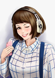  ;) atatatamu blush bob_cut breasts brown_eyes brown_hair cellphone commentary_request eyelashes female grin headphones highres jewelry large_breasts lips necklace nose one_eye_closed original pearl_necklace phone plaid plaid_shirt sennheiser shirt short_hair smartphone smile solo suspenders upper_body 