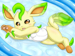  4:3 blush breasts clothed clothed_feral clothing eeveelution fangs female feral fuddy generation_4_pokemon leafeon looking_at_viewer mammal nintendo one-piece_swimsuit open_mouth outside pawpads paws pokemon pokemon_(species) simple_background smile solo swimming_pool swimwear teeth water 