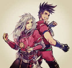  2boys armor back-to-back bad_id bad_pixiv_id bead_necklace beads black_hair cape clenched_hands commentary_request full_armor fur_trim gloves head_wings horns jewelry long_hair looking_at_another male_focus multiple_boys necklace pendant photoshop_(medium) red_(saga_frontier) red_eyes ribbon rouge_(saga_frontier) saga saga_frontier scarf sentai sheath sheathed short_hair siblings single_horn skirt smile tokinohiyoko twins upper_body very_long_hair weapon white_hair wings 