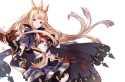  bad_id bad_pixiv_id bangle black_gloves blonde_hair blue_capelet blue_skirt book book_strap bracelet cagliostro_(dark)_(granblue_fantasy) cagliostro_(granblue_fantasy) capelet closed_mouth commentary_request female gloves granblue_fantasy head_tilt holding holding_book jewelry long_hair open_book partially_fingerless_gloves pleated_skirt purple_eyes resuta shirt simple_background skirt smile solo star_(symbol) tiara very_long_hair vial white_background white_shirt 