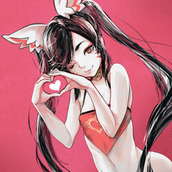  animal_ears brown_hair collarbone commentary english_commentary facial_mark female heart heart_hands hu-er_(robot_cat) jewelry long_hair looking_at_viewer navel necklace one_eye_closed original red_background red_eyes robot_cat_(robotcatart) sidelocks simple_background solo stomach swept_bangs twintails upper_body whisker_markings 