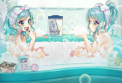  2girls :d aqua_hair bang_dream! bath bathing bathtub bubble_bath character_doll checkerboard_cookie commentary_request convenient_censoring cookie eating food green_eyes hikawa_hina hikawa_sayo long_hair michelle_(bang_dream!) multiple_girls nude open_mouth partially_submerged ponytail same-sex_bathing shared_bathing short_hair siblings sidelocks sisters sitting smile soap_bottle soap_bubbles soap_censor towel towel_on_head tsurugi_hikaru twins v-shaped_eyebrows ziploc_bag 