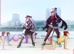  6+girls black_pantyhose blurry breasts brown_eyes brown_hair commentary commission crossover depth_of_field essex_(warship_girls_r) gangnam_style gangut_(kancolle) grey_hair hands_on_own_hips hat height_difference highres kantai_collection large_breasts long_sleeves melisaongmiqin multiple_girls pantyhose parody peaked_cap psy pun small_breasts sunglasses tall_female two_side_up warship_girls_r 