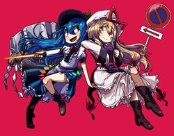  2girls awa_(bihidasu) bare_legs blonde_hair blue_hair boots bow bowtie brown_footwear commentary cross-laced_footwear english_commentary gap_(touhou) hat hinanawi_tenshi keystone lace-up_boots long_hair long_sleeves looking_at_another mob_cap multiple_girls red_background red_eyes ribbon road_sign short_sleeves sign skirt smile sword_of_hisou touhou v-shaped_eyebrows yakumo_yukari yellow_eyes 