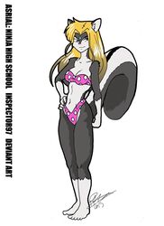  2015 anthro asrial bikini biped blonde_hair breasts cleavage clothed clothing female gloves_(marking) grey_eyes hair hand_on_hip inner_ear_fluff inspector97 leg_markings looking_at_viewer mammal markings mephitid navel ninja_high_school simple_background skunk socks_(marking) solo spots standing swimwear tuft white_background 