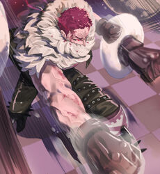  1boy attack black_pants blood blood_on_clothes blood_on_face blood_splatter brown_gloves bruise charlotte_katakuri checkered_floor clenched_hands commentary covered_mouth from_above full_body gloves glowing glowing_eyes highres injury knee_pads living_(pixiv5031111) looking_afar male_focus manly motion_lines one_piece outstretched_arm pants photoshop_(medium) punching red_eyes red_hair rocket_punch scarf scarf_over_mouth short_hair solo speed_lines spikes v-shaped_eyebrows very_short_hair 