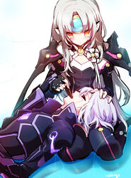  add_(elsword) armor bad_id bad_pixiv_id code:_nemesis_(elsword) diabolic_esper_(elsword) elsword eve_(elsword) facial_mark feeding female forehead_jewel highres icedango_(dpopic3) lap_pillow long_hair short_hair shoulder_armor smile white_hair yellow_eyes 