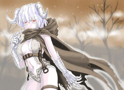  :&lt; albino bare_tree blurry breasts breasts_apart claws cloak closed_mouth colored_eyelashes commentary_request cowboy_shot deathclaw depth_of_field eyebrows facial_mark fallout_(series) fallout_2 female genderswap_(mtf) goris harahachibu_ajinosuke horns looking_at_viewer medium_breasts navel outline personification red_eyes rule_63 short_shorts shorts solo thigh_strap tree unbuttoned water_drop white_hair 