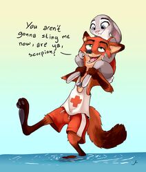  2016 absurd_res anthro bottomwear canid canine carrying_another clothing dipstick_tail disney docwario duo female fox fur gloves_(marking) green_eyes hi_res judy_hopps lagomorph leg_markings leporid lifeguard male mammal markings multicolored_tail nick_wilde on_shoulders one-piece_swimsuit outside partially_submerged predator/prey purple_eyes rabbit red_fox shirt shorts size_difference smile socks_(marking) swimwear tail tail_markings topwear true_fox water whistle_(object) zootopia 