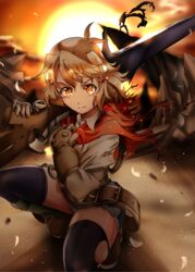  ashley_winchester ashley_winchester_(cosplay) bayonet belt black_thighhighs blush boots brown_eyes cliff collared_shirt cosplay denim denim_shorts glint gloves gun huge_weapon jacket kneeling knight_blazer light_brown_hair looking_at_viewer rifle ruins scarf senki_zesshou_symphogear serious shirt shorts suga_leon sun sunset sword tachibana_hibiki_(symphogear) thighhighs torn_clothes torn_thighhighs weapon wild_arms wild_arms_2 