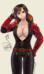  belt blush breasts brown_eyes brown_hair cleavage cosplay female fingerless_gloves gloves grin jacket kazama_asuka kazama_jin kazama_jin_(cosplay) large_breasts leather leather_pants looking_at_viewer no_bra open_clothes open_jacket pants short_hair smile tagme tekken translation_request 