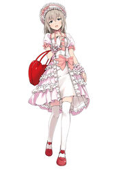  bag bow bridal_gauntlets center_frills choker commentary_request dress female frilled_dress frills full_body girls_und_panzer gloves grey_eyes grey_hair hair_between_eyes hairband handbag heart highres itsumi_erika lolita_fashion lolita_hairband long_hair looking_at_viewer mary_janes open_mouth pink_dress pink_gloves puffy_short_sleeves puffy_sleeves red_footwear ribbon_choker shoes short_sleeves shounan_ruizu simple_background skirt solo sweet_lolita thighhighs white_background white_thighhighs zettai_ryouiki 