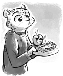  2018 ambiguous_gender anthro birthday_cake cake candle clothed clothing collar cutlery dessert disney fan_character felid fire food fuel_(artist) fur gradient_background grey_background greyscale holding_object jaguar kitchen_utensils mammal markings monochrome nate_(smugbeverage) pantherine plate simple_background solo spoon spots spotted_body spotted_fur tools zootopia 