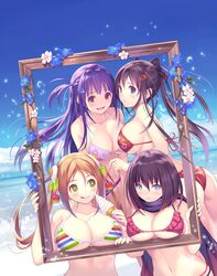  4girls :d :q ass banned_artist bikini black_hair blue_eyes blush breast_rest breasts brown_hair cleavage collarbone floral_print flower frilled_bikini frills green_eyes hair_between_eyes hair_ornament hairclip highres ice_cream_cone kagurazaka_ranka kagurazaka_rinka kuzuryuu_momo large_breasts long_hair looking_at_viewer mana_kakkowarai manpukumaru_chang multi-strapped_bikini multicolored multicolored_bikini multicolored_clothes multicolored_stripes multiple_girls navel official_art one_side_up open_mouth ponytail purple_eyes purple_hair red_bikini scarf smile strap_gap string_bikini striped striped_bikini swimsuit tongue tongue_out twintails valkyrie_drive_-bhikkhuni- 