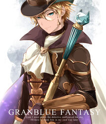  1boy ascot bad_id bad_pixiv_id blonde_hair cane chat_noir_(granblue_fantasy) copyright_name cowboy_shot english_text granblue_fantasy hat highres looking_at_viewer male_focus monocle photoshop_(medium) shinjou_(motion) short_hair smile solo top_hat 