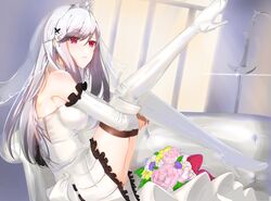  alternate_costume azur_lane bare_shoulders blush boots bouquet breasts bridal_gauntlets bridal_veil bride cleavage closed_mouth commentary_request dress dunkerque_(azur_lane) expressionless female flower gloves hair_ornament high_heel_boots high_heels highres large_breasts leg_up long_hair lounge pink_eyes ponytail sai_jjjgg shiny_skin sidelocks sitting solo thigh_boots thighhighs thighs tiara veil wedding_dress white_dress white_footwear white_gloves 