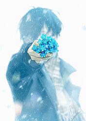  1boy akabane_tsubasa black_hair blue_theme blurry blurry_background commentary_request cover depth_of_field flower flower_focus forget-me-not_(flower) giving hand_up jacket long_sleeves loundraw nowhere_man outstretched_arm snowing solo 