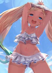  arms_up ass_visible_through_thighs bikini bikini_skirt blonde_hair blue_eyes blush breasts cloud cloudy_sky dark_skin female flower frilled_bikini frills from_below gradient_hair granblue_fantasy groin hair_flower hair_ornament io_euclase layered_bikini light_particles lolicon long_hair looking_at_viewer multicolored_hair navel open_mouth p_answer rainbow_hair shirt shirt_removed skirt sky small_breasts solo standing stomach sunlight swimsuit thighs twintails undressing white_shirt 