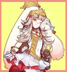  1boy absurdres animal_ears artist_name brother_and_sister bruno_(spring)_(fire_emblem) cleavage_cutout closed_mouth clothing_cutout commentary dark-skinned_male dark_skin fake_animal_ears fake_tail female fire_emblem fire_emblem_heroes flat_chest flower gloves grey_hair hair_flower hair_ornament highres long_hair mask memeh mysterious_man_(fire_emblem) one_eye_closed open_mouth rabbit_ears rabbit_tail red_eyes siblings simple_background smile tail veronica_(fire_emblem) veronica_(spring)_(fire_emblem) white_gloves yellow_background 