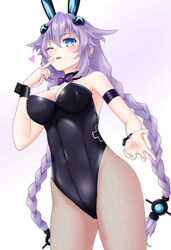  ;d animal_ears bare_shoulders black_leotard blue_eyes blush braid breasts cleavage commentary_request covered_navel cowboy_shot cuffs detached_collar female fishnet_pantyhose fishnets hair_between_eyes hair_ornament handcuffs heart highres leotard long_hair looking_at_viewer medium_breasts neptune_(series) one_eye_closed open_mouth pantyhose playboy_bunny power_symbol power_symbol-shaped_pupils purple_hair purple_heart_(neptunia) rabbit_ears seshiro_(which501) skin_tight smile solo spoken_heart symbol-shaped_pupils twin_braids twintails very_long_hair 