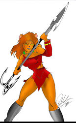  2008 angry anthro boots breasts brown_hair caitian clothing collar dress felid female footwear hair hi_res holding_object holding_weapon inspector97 m&#039;ress mammal medium_breasts melee_weapon polearm simple_background solo spear star_trek star_trek_the_animated_series torn_clothing weapon yellow_eyes 