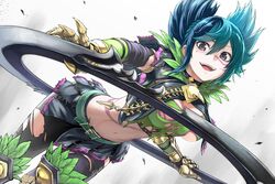  absurdres breasts chakram cleavage feathers female gauntlets green_hair highres hoop leaning_forward looking_at_viewer miniskirt mole mole_under_eye multicolored_hair navel official_art open_mouth pantyhose photoshop_(medium) scar skirt smile solo soulcalibur soulcalibur_vi stomach tattoo tea_(nakenashi) tira_(soulcalibur) torn_clothes torn_pantyhose twintails two-tone_hair upper_body weapon 