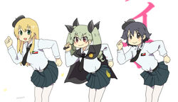  3girls anchovy_(girls_und_panzer) anzio_school_uniform black_hair black_necktie blonde_hair brown_hair cape carpaccio_(girls_und_panzer) commentary_request girls_und_panzer green_eyes green_hair long_hair multiple_girls necktie nichijou pantyhose parody pepperoni_(girls_und_panzer) red_eyes school_uniform style_parody twintails white_background yukiyanagi_raki 