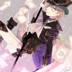  1boy adjusting_clothes adjusting_headwear artist_name ascot blonde_hair blue_eyes cane cape card chat_noir_(granblue_fantasy) commentary_request earrings granblue_fantasy hat highres jewelry looking_at_viewer male_focus monocle nisei_(tanny) short_hair single_earring smile solo 