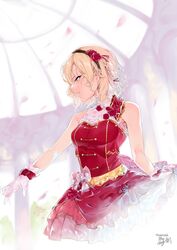  aged_up bare_shoulders blonde_hair braid commentary dress female flower gloves green_eyes hair_ornament hair_ribbon hairband highres idolmaster idolmaster_cinderella_girls idolmaster_cinderella_girls_starlight_stage lolita_hairband menea parted_lips red_dress ribbon sakurai_momoka short_hair side_braid signature sleeveless sleeveless_dress solo white_gloves 