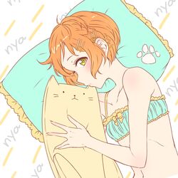  blush bra cat-shaped_pillow commentary_request female frilled_pillow frills green_eyes hair_ornament hairclip hairpin holding holding_pillow hoshizora_rin looking_at_viewer love_live! love_live!_school_idol_project lying midriff navel nyan on_side orange_hair paw_print pillow short_hair solo umeno underwear underwear_only upper_body x_hair_ornament 