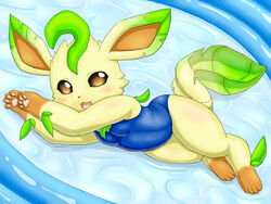  4:3 blush breasts clothed clothed_feral clothing eeveelution fangs female feral fuddy generation_4_pokemon leafeon looking_at_viewer mammal nintendo one-piece_swimsuit open_mouth outside pawpads paws pokemon pokemon_(species) simple_background smile solo swimming_pool swimwear teeth water 