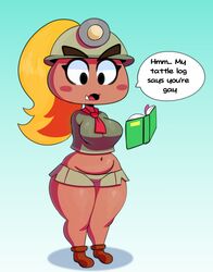  2019 absurd_res armless belly black_eyes blue_background blush blush_stickers book breasts brown_clothing clothed clothing dialogue ellipsis english_text eyelashes female footwear front_view fully_clothed goomba goombella gradient_background hat headgear headwear hi_res humanoid light_body light_skin makeup mario_bros mascara midriff navel necktie nintendo no_underwear noseless not_furry paper_mario pink_body pink_skin reading red_body red_skin shoes short_stack simple_background skimpy solo somescrub speech_bubble standing talking_to_viewer text thick_thighs tusks wide_hips 