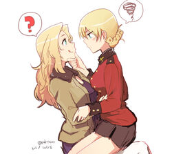  2girls :p ? blonde_hair blue_eyes blush bomber_jacket breasts commentary_request darjeeling_(girls_und_panzer) dated embarrassed girls_und_panzer hand_on_another&#039;s_chin jacket kay_(girls_und_panzer) large_breasts long_hair military military_uniform multiple_girls saunders_military_uniform short_hair sitting sitting_on_lap sitting_on_person spoken_question_mark spoken_squiggle squiggle st._gloriana&#039;s_military_uniform tongue tongue_out twitter_username uniform yukiyanagi_raki yuri 