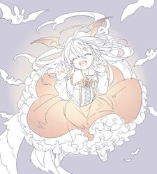  :d bat_(animal) bat_wings collared_shirt commentary_request demon_tail fangs female fingernails flower frilled_shirt_collar frilled_skirt frills granblue_fantasy hair_between_eyes head_wings koza_game long_hair long_sleeves multiple_tails open_mouth pointy_ears protected_link rose shingeki_no_bahamut shirt skirt smile solo tail vampire vampy wings 