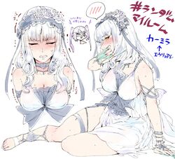  2girls anklet aqua_nails armlet blush bracelet breasts carmilla_(fate) cleavage closed_eyes commentary_request cosplay covering_own_mouth domino_mask dress embarrassed euryale_(fate) euryale_(fate)_(cosplay) euryale_(third_ascension)_(fate) euryale_(third_ascension)_(fate)_(cosplay) fate/grand_order fate_(series) fingernails hairband highres jewelry large_breasts long_fingernails mask multiple_girls nail_polish nose_blush orange_eyes sandals sleeveless sleeveless_dress spoken_blush torichamaru translation_request trembling twintails white_background white_dress white_hair 