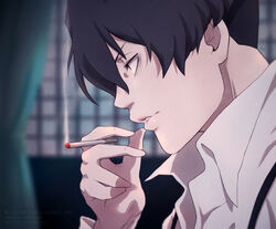  1boy 7repose 91_days artist_name avilio_bruno bad_id bad_pixiv_id black_hair cigarette holding holding_cigarette indoors male_focus photoshop_(medium) profile smoking solo undercut upper_body watermark web_address 