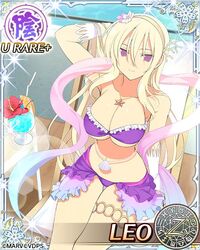  arm_behind_head bare_shoulders bikini blonde_hair breasts card_(medium) character_name cleavage closed_mouth cocktail commentary_request cosplay female flower gloves hair_between_eyes hair_flower hair_ornament hairband jewelry large_breasts leo_(senran_kagura) long_hair looking_at_viewer navel official_art pendant purple_bikini purple_eyes senran_kagura senran_kagura_new_wave shell sitting smile solo star_(symbol) swimsuit third-party_source trading_card valkyrie_drive valkyrie_drive_-bhikkhuni- very_long_hair white_gloves yaegashi_nan 