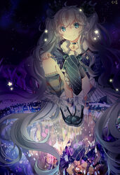  absurdly_long_hair ahoge artist_name asymmetrical_legwear black_legwear blue_eyes blue_hair c-i capelet choker commentary_request constellation crescent dress earmuffs eyebrows female full_body fuyu_no_yoru_miku glowing hair_between_eyes hair_ornament hatsune_miku highres kneehighs long_hair looking_at_viewer mismatched_legwear night night_sky reflection reflective_floor single_kneehigh single_sock single_thighhigh sky smile socks solo star_(sky) star_(symbol) starry_background starry_sky striped_clothes striped_dress thighhighs twintails vertical_stripes very_long_hair vocaloid 