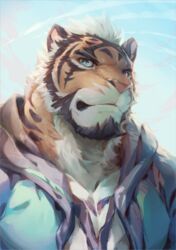  2015 anthro beard blue_eyes bust_portrait clothed clothing facial_hair felid fur hoodie looking_at_viewer male mammal null-ghost null-ghost_(character) pantherine portrait solo striped_body striped_fur stripes tiger topwear 