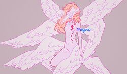  1other angel_wings artist_name bad_id bad_twitter_id blonde_hair breasts commentary covered_face crescent devilman devilman_crybaby english_commentary feathered_wings feet_out_of_frame grey_background head_wings long_hair low_wings medium_breasts meyoco multiple_wings navel nude satan_(devilman) simple_background solo tears wings 