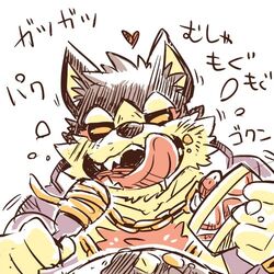  1:1 anthro black_sclera cake canid canine canis dessert doggiemonkey domestic_dog eating food garmr_(tas) heart_symbol japanese_text lifewonders low_res male mammal text tokyo_afterschool_summoners tongue yellow_eyes 