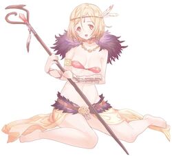  armlet bandeau bare_legs blonde_hair bracer breasts brown_eyes choker circlet collarbone commentary_request djeeta_(granblue_fantasy) feathers female granblue_fantasy groin hair_between_eyes holding jewelry koza_game medium_breasts navel necklace open_mouth protected_link short_hair simple_background sitting skirt solo sorcerer_(granblue_fantasy) staff wariza white_background 