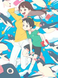  1boy aoyama-kun_(penguin_highway) bird black_hair black_shorts blue_footwear blue_sky brown_eyes brown_hair cheeseko commentary_request female green_shirt hand_on_another&#039;s_shoulder jumping long_hair notebook onee-san_(penguin_highway) open_mouth penguin penguin_highway shirt shorts sky socks t-shirt white_legwear yellow_shirt 