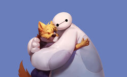  2015 anthro baymax big_hero_6 blue_background canid canine canis clothed clothing disney domestic_dog duo hi_res hug machine mammal nviek5 one_eye_closed robot simple_background smile takemoto 