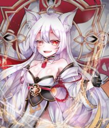  ahoge animal_ear_fluff animal_ears ara_haan bad_id bad_pixiv_id breasts cleavage collarbone detached_sleeves elsword energy eun_(elsword) facial_mark fangs female fox_ears fox_tail gloves highres ryunbi shakti_(elsword) smile tail 