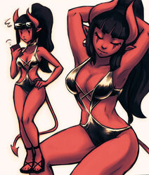  armpits arms_up black_hair black_slingshot_swimsuit breasts cellphone choker cleavage closed_eyes colored_skin commentary demon_girl demon_horns demon_tail earrings english_commentary eyebrows female hand_on_own_hip horns iahfy jewelry long_hair medium_breasts multiple_views original phone pointy_ears ponytail red_skin sandals scar scar_across_eye scar_on_face sidelocks slingshot_swimsuit squiggle swimsuit synth_(iahfy) tail yellow_eyes 