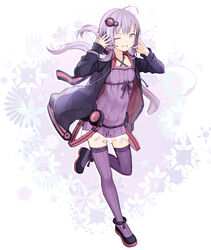  absurdres ahoge anklet belt commentary criss-cross_halter dress female floral_background full_body hair_ornament halterneck hands_on_own_head highres jacket jewelry kari_kenji leg_up looking_at_viewer one_eye_closed photoshop_(medium) purple_dress purple_eyes purple_hair purple_jacket purple_thighhighs rabbit ribbon short_hair_with_long_locks sidelocks smile solo thighhighs voiceroid yuzuki_yukari 